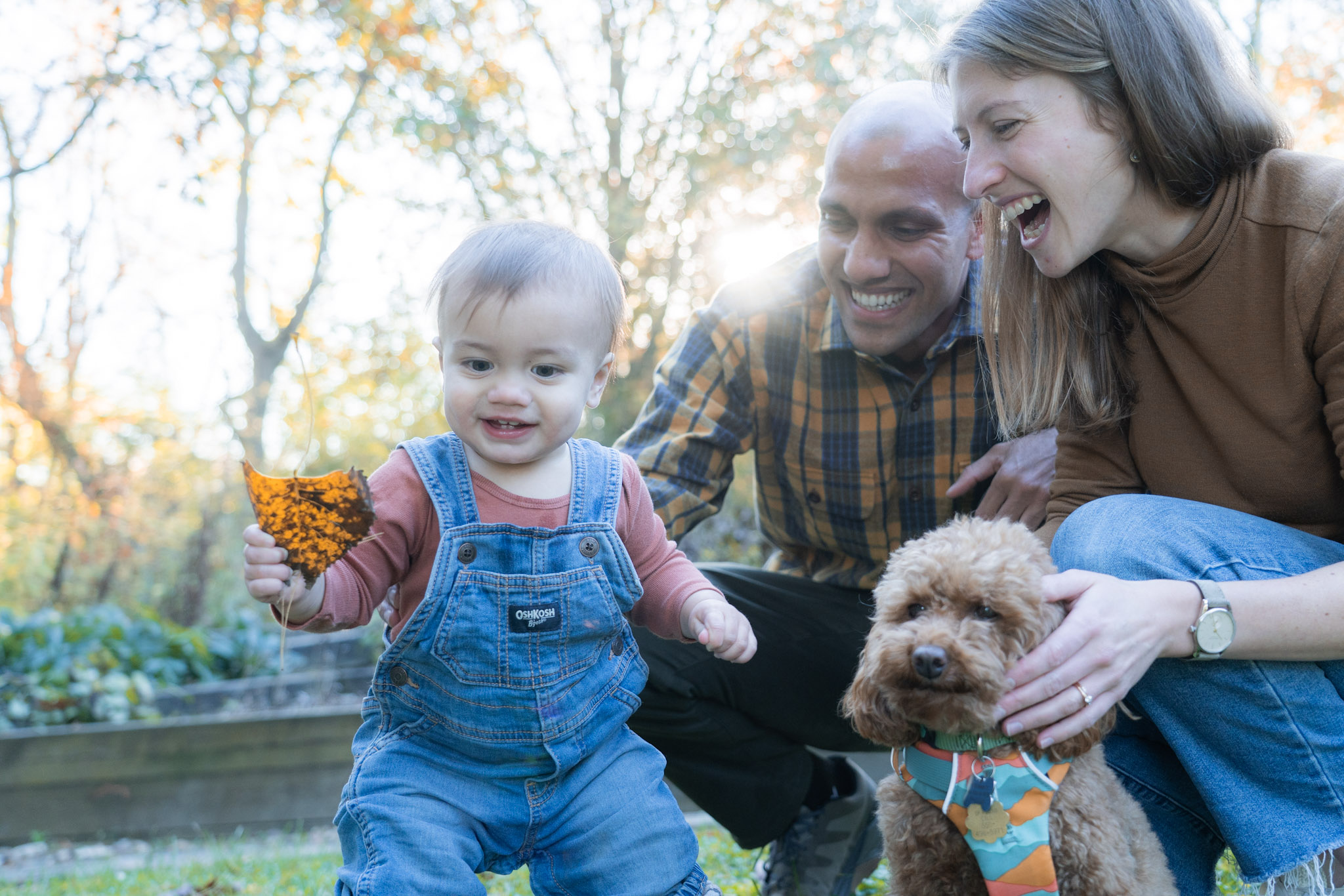 A child holds an autumn leaf beside smiling parents and their dog